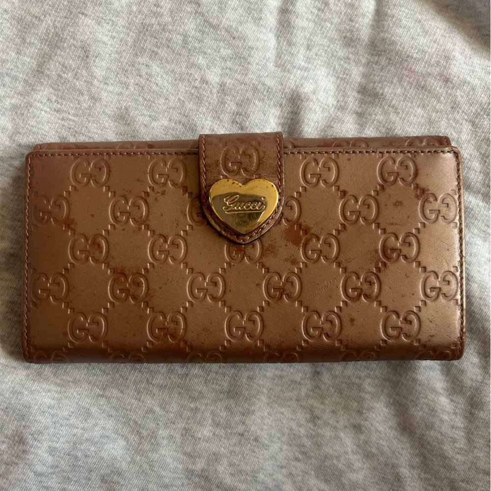 Gucci Wallet Bifold Long Purse Heart Guccissima Leather Champagne Gold Authentic